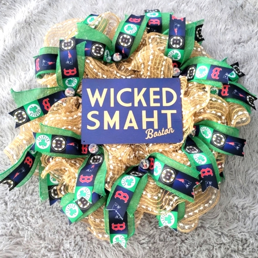 Wicked Smaht Boston Red Sox Bruins Celtics New England Patriots Door Wreath Larg